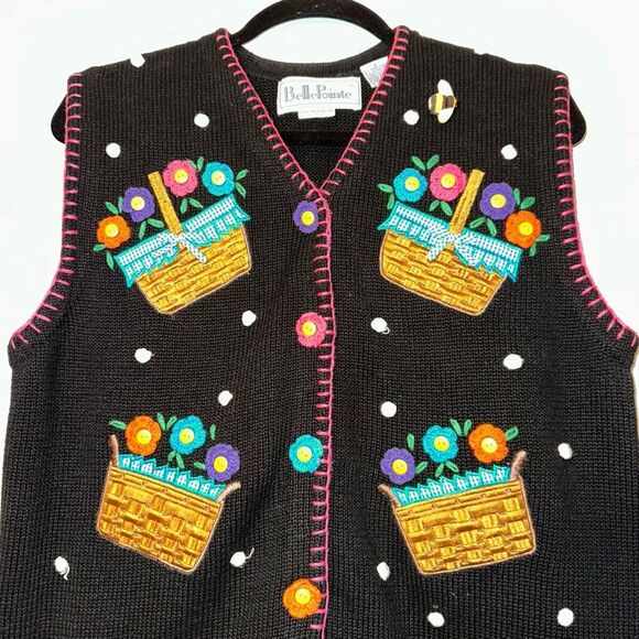 Longaberger BellePoint Vintage Small Black Pink Flower Basket Sweater Vest EUC - Picture 3 of 10